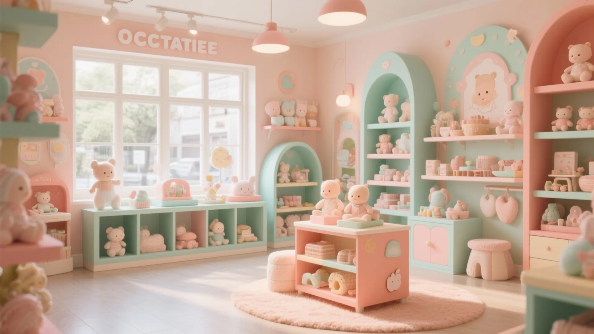 Baby store interior design with pastel pink and mint green shelves featuring cute teddy bears