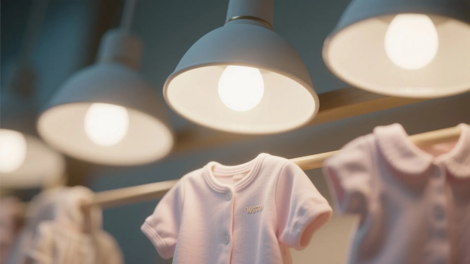 Close up of white dome ceiling lights shining over pink baby clothes hanging on rack