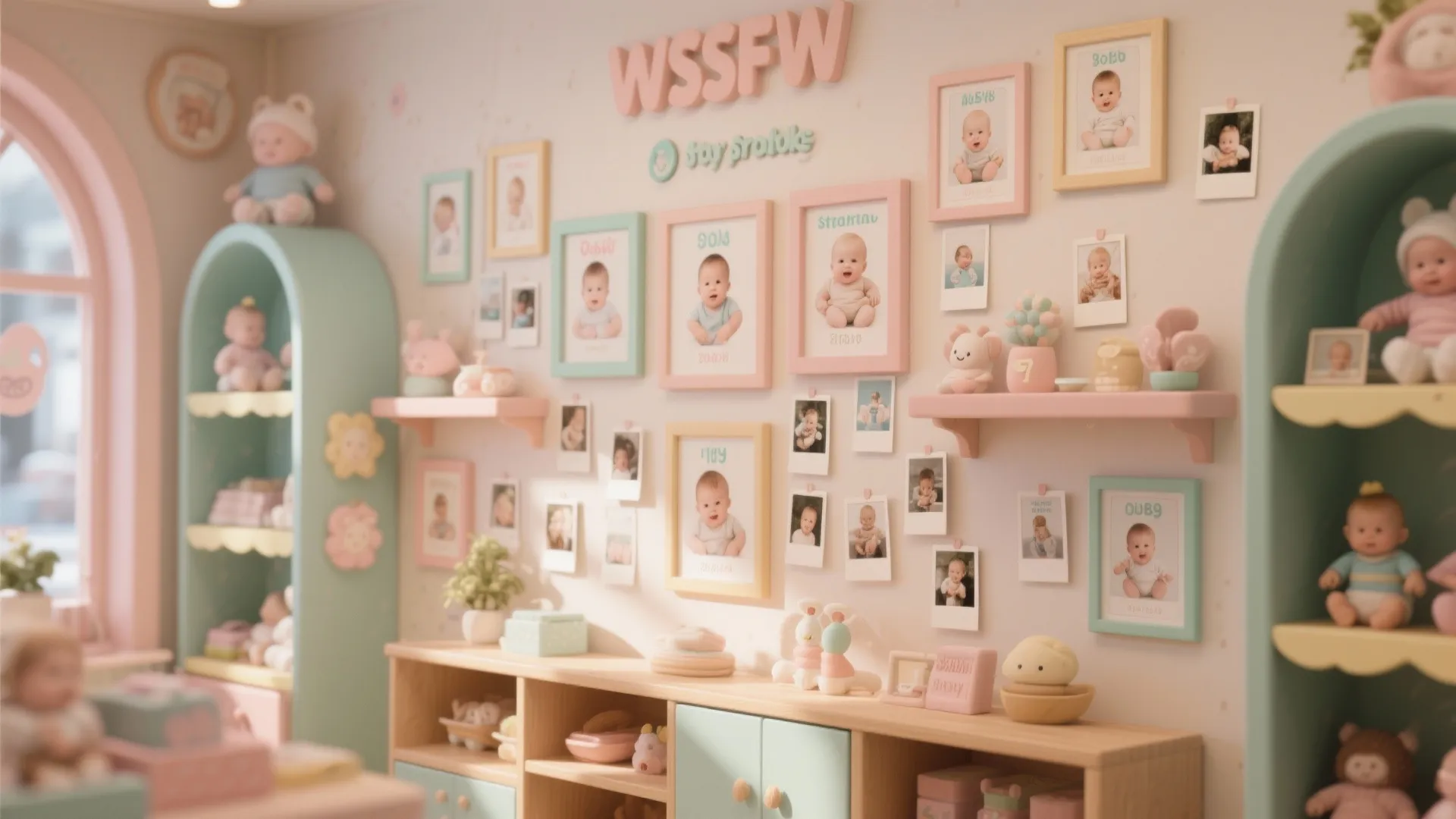 Pink and green baby shop interior with framed baby photos and shelves for soft toys