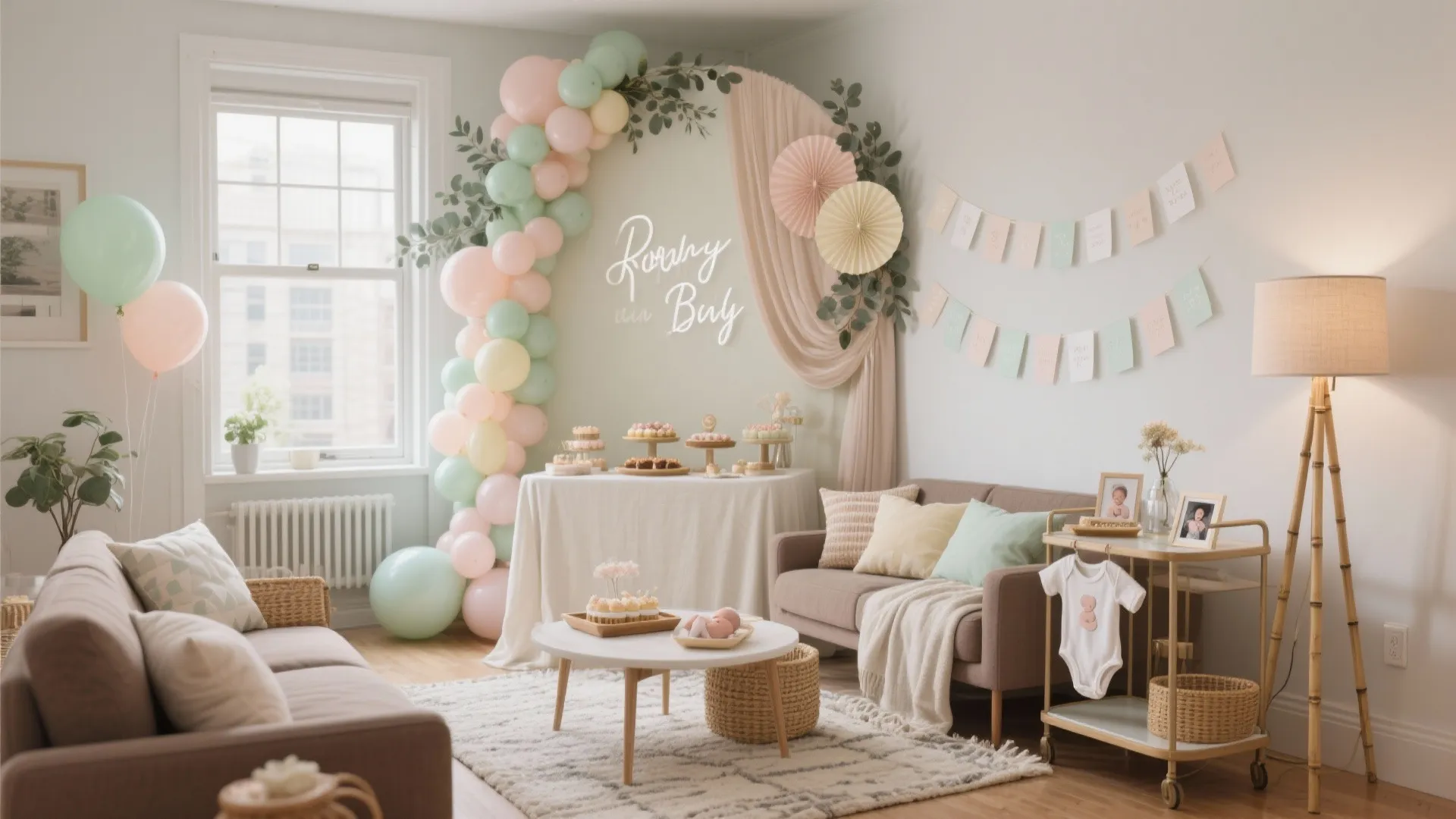 Living room baby shower decoration with pastel balloon arch dessert table brown sofa and lamp