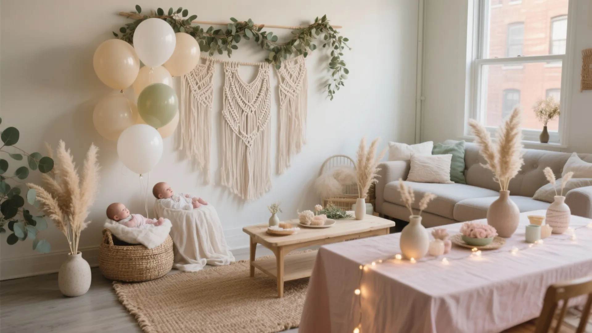 Baby shower room layout with soft pink table cloth balloons wall hanging and two infants