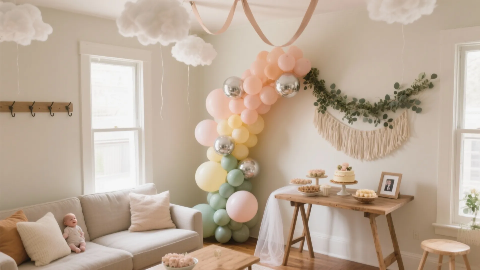 Living room decorated for a baby shower with a balloon arch wooden table and sofa