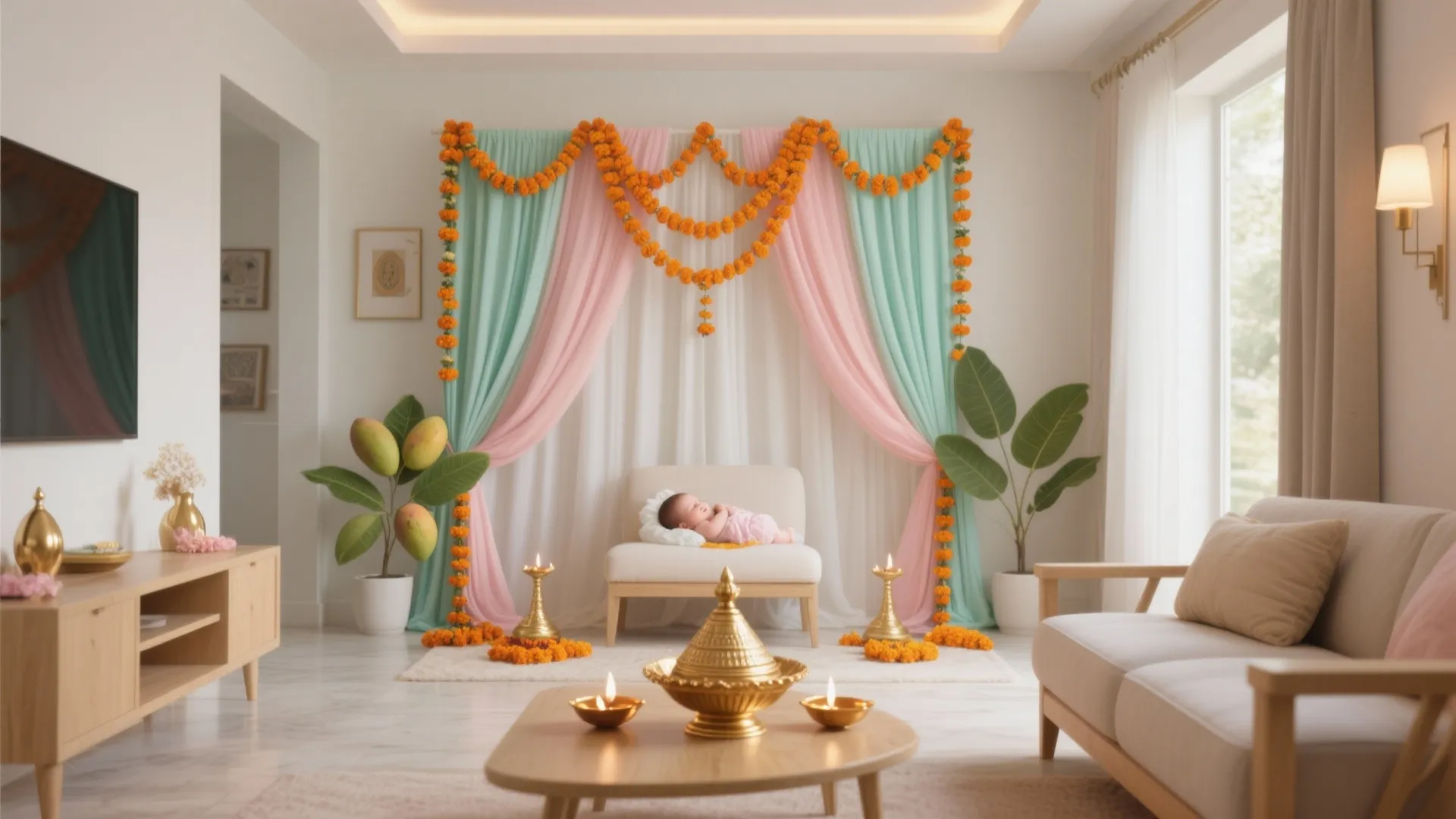 Living room decorated for a baby shower with colorful curtains orange flower garlands and gold lamps