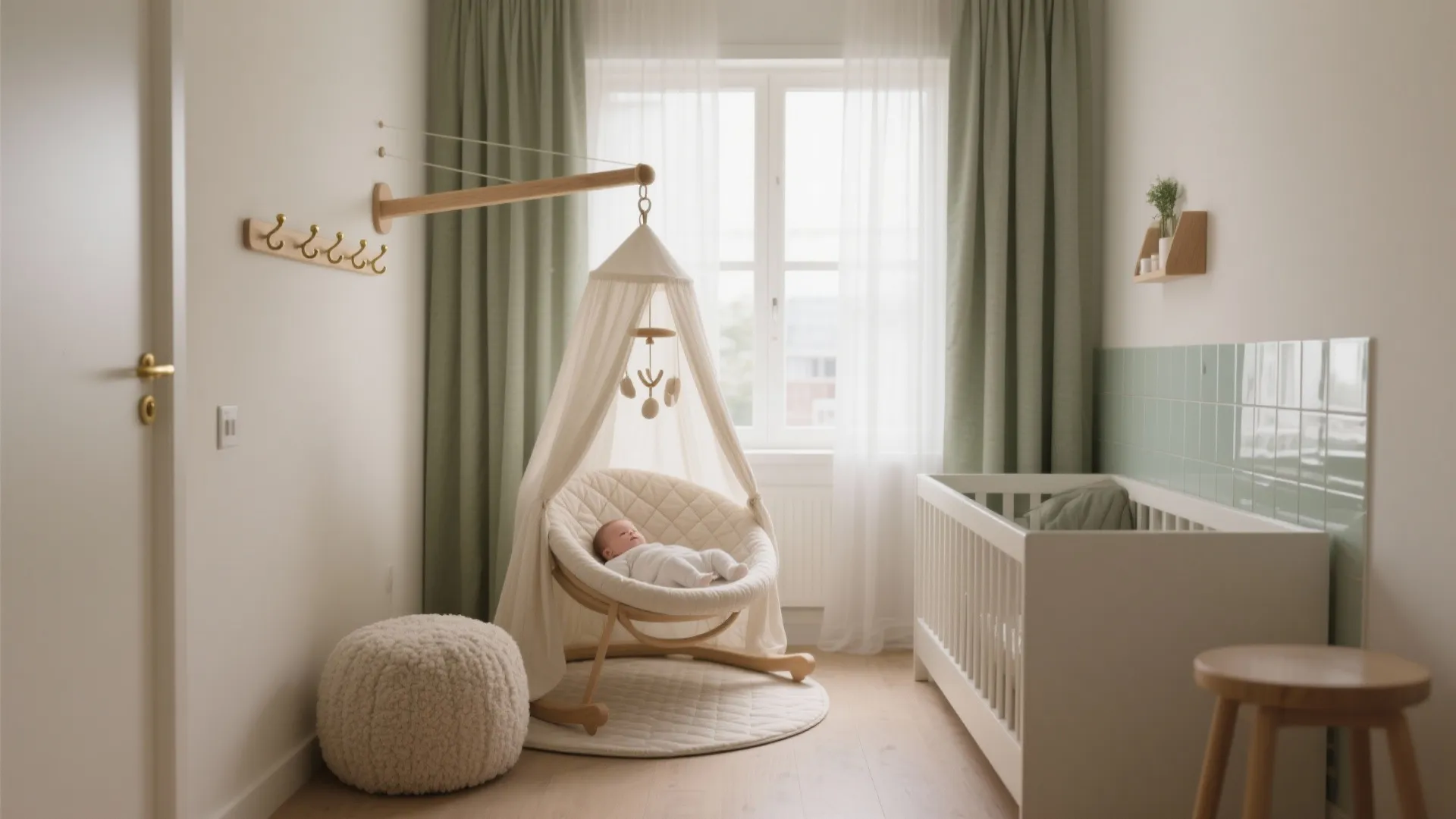 Modern nursery with a white crib green curtains and a baby sleeping in a rocker