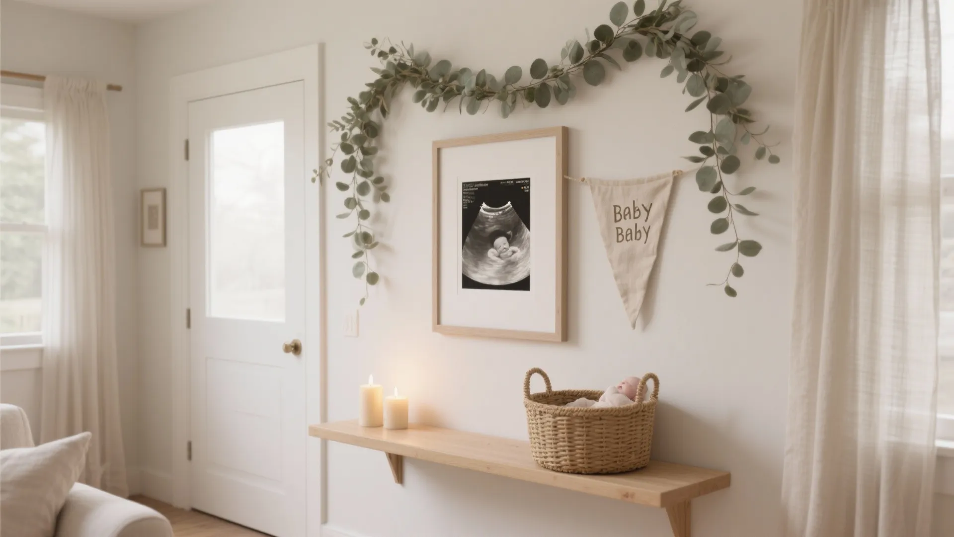 Nursery wall with framed baby ultrasound photo, green leaf garland, banner, wooden shelf, and basket