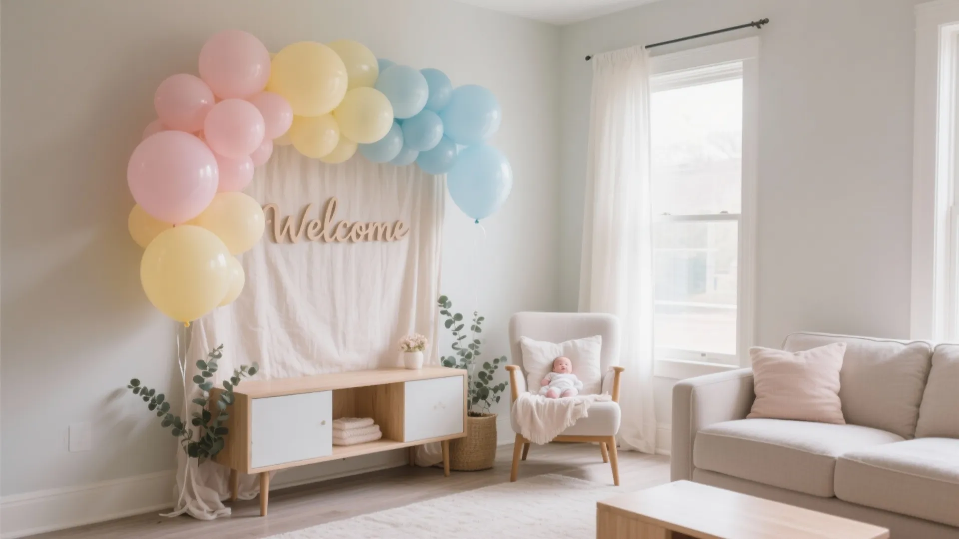 Living room decorated with a colorful balloon arch and welcome sign for a new baby