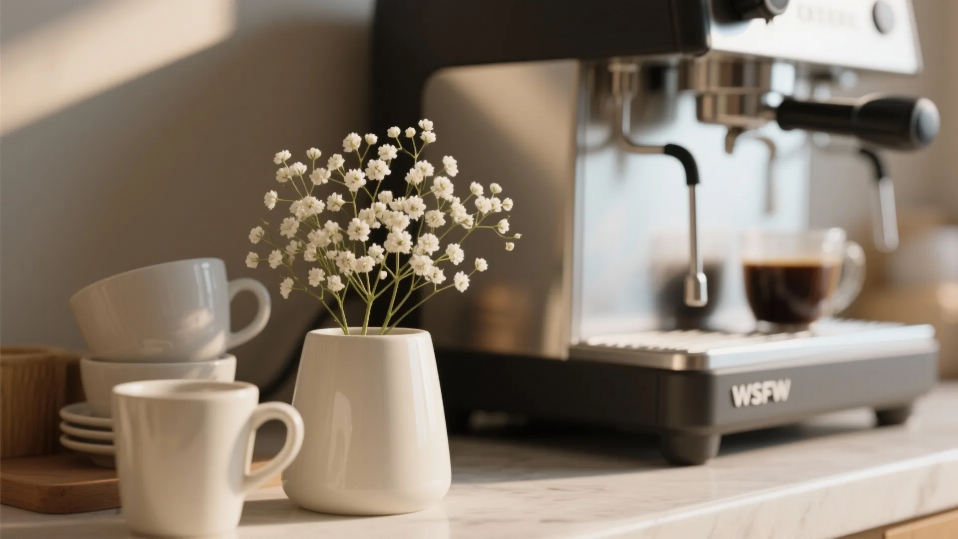 Coffee station with black coffee machine white flower vase and white cups on marble countertop