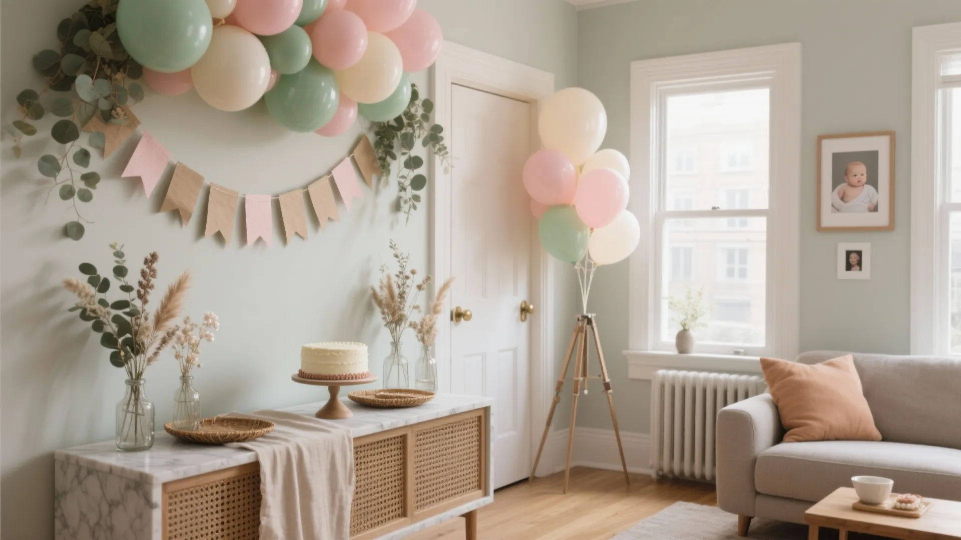 Baby shower party room with pastel balloons pink banners a cake and a grey sofa