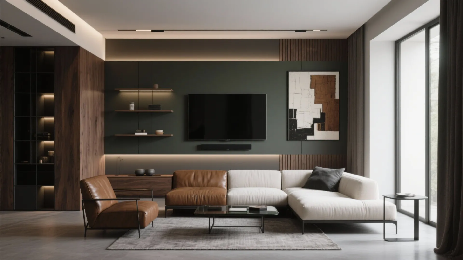 Modern living room featuring dark green wall TV wall shelves leather sofa and large glass windows