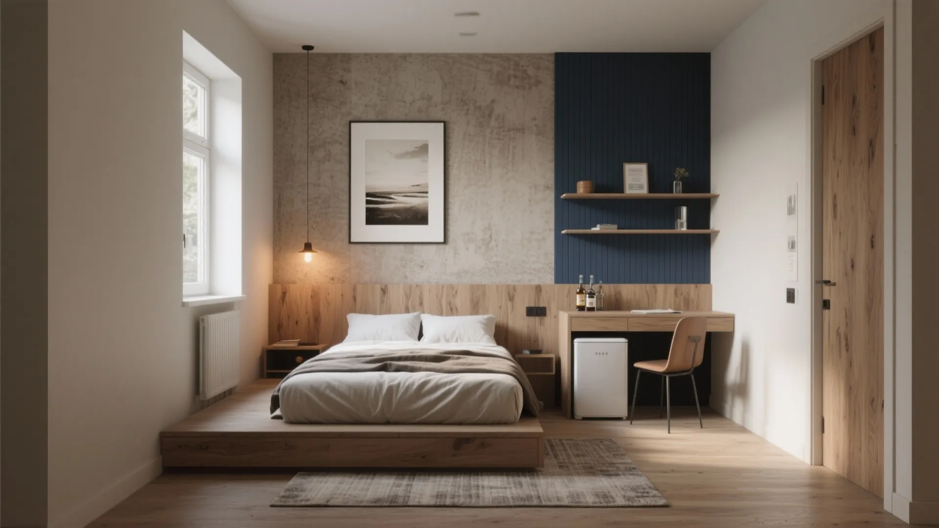 Minimalist bedroom with wooden platform bed blue wall paneling small desk and simple wall mounted shelves