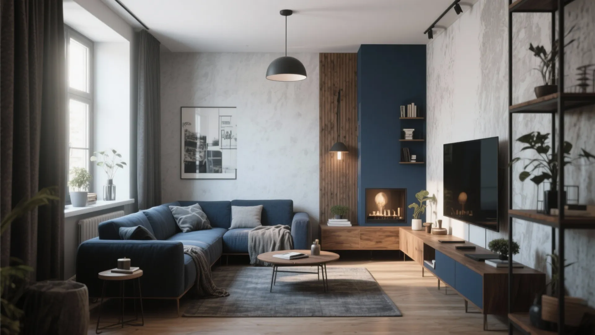 Blue corner sofa with wooden coffee table and matching blue wall featuring a small fireplace