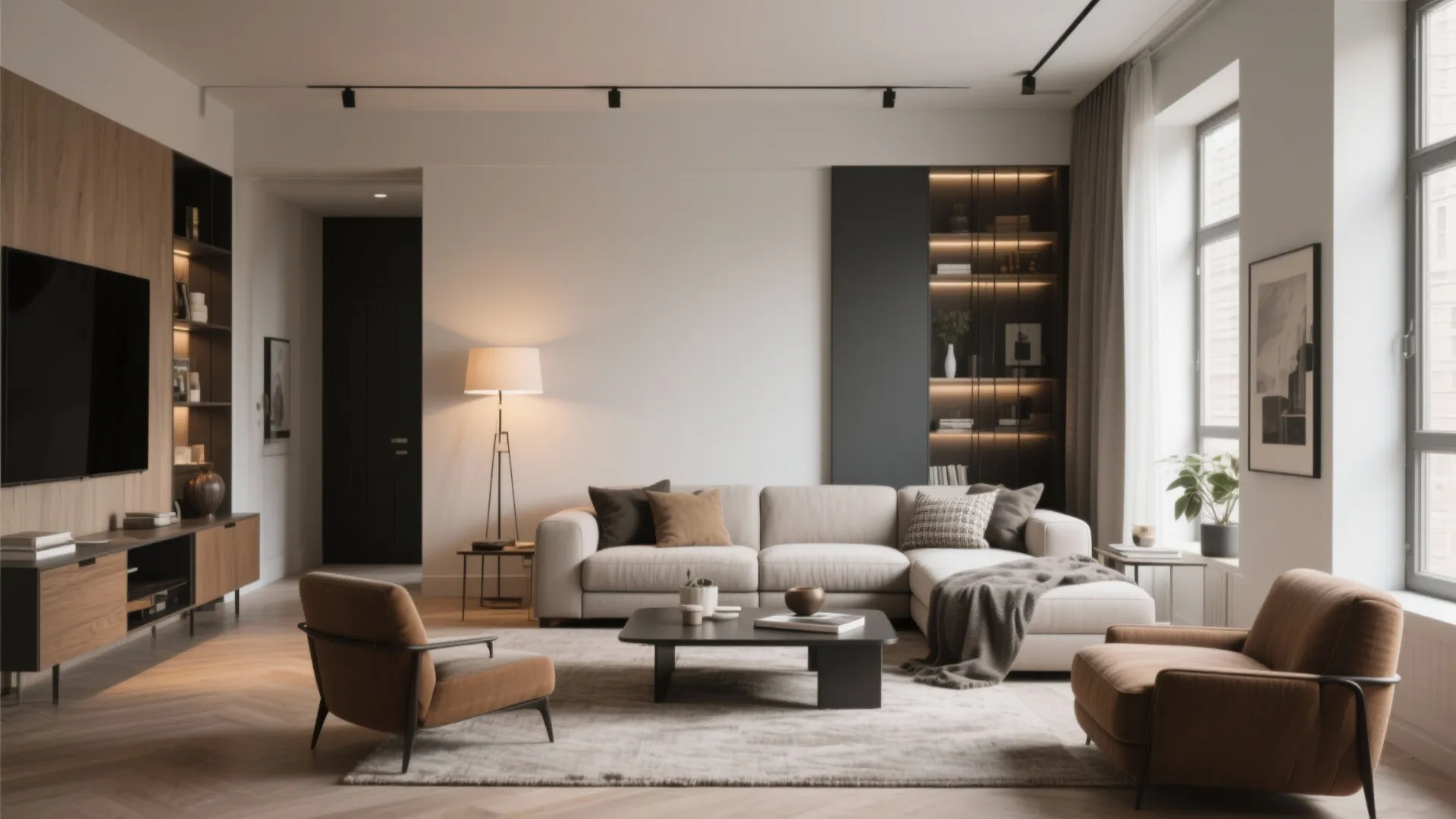 Large living room featuring beige sofa, brown chairs, black coffee table, and built-in wall cabinet
