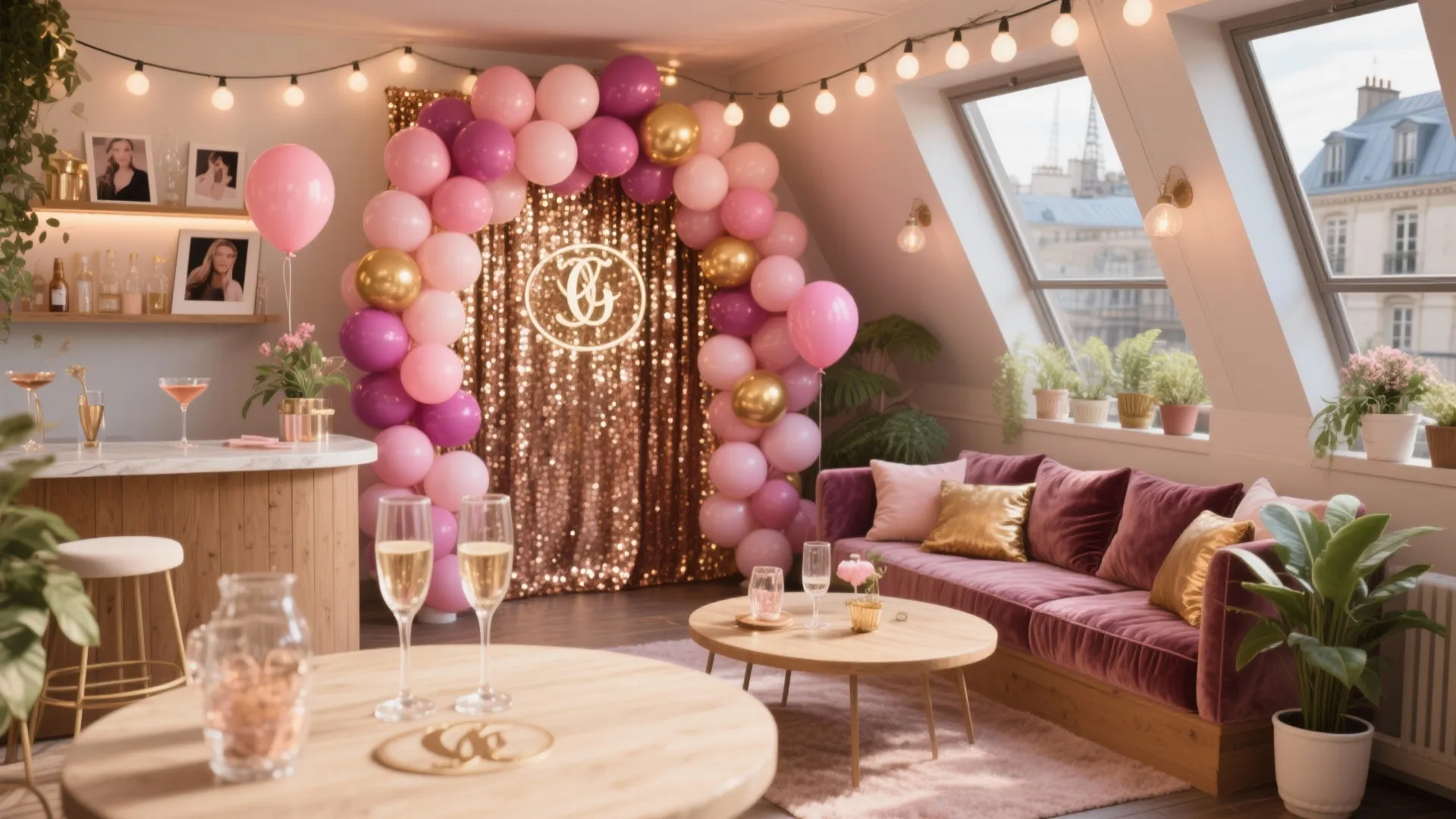 Party room with pink balloon arch gold backdrop purple sofa coffee table and roof windows