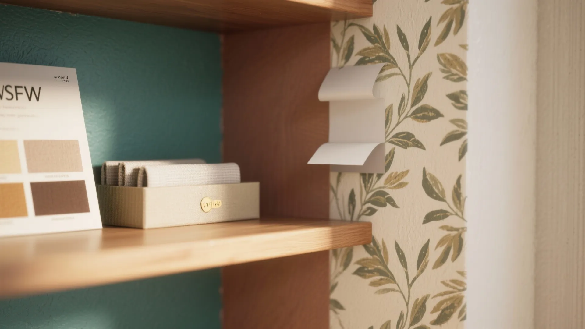 Wooden shelf with fabric samples and design card against teal wall and leaf patterned wallpaper