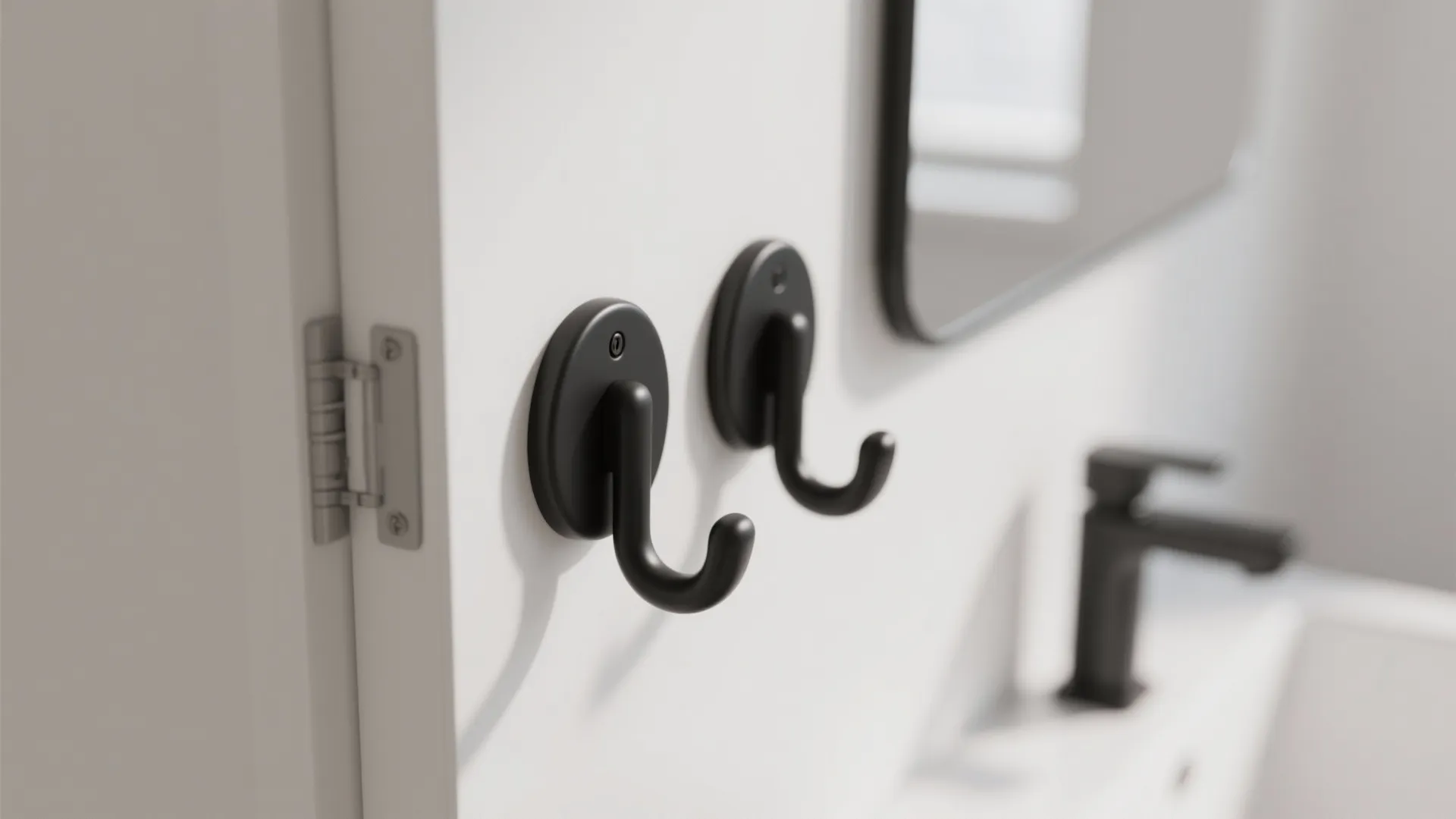 Two black wall hooks mounted on a white door next to a bathroom sink faucet