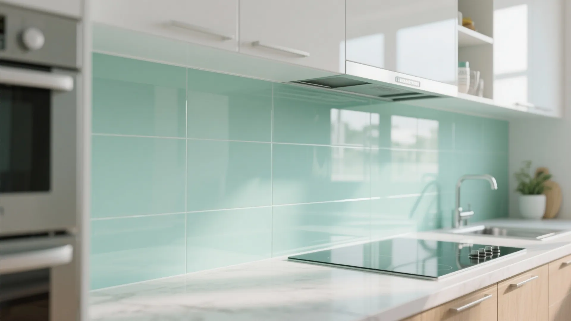Mint green back-painted glass backsplash in modern kitchen