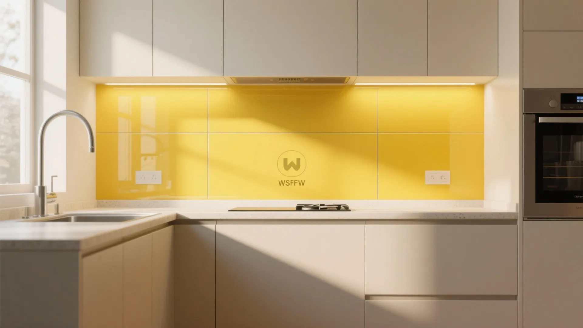 Modern kitchen with bright yellow glass wall panel white cabinets silver faucet and black oven