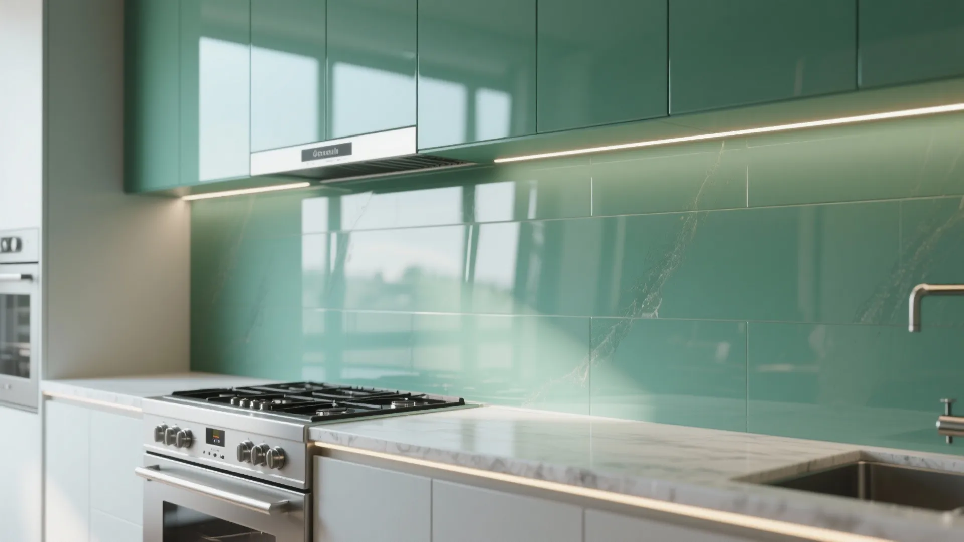 Glossy back-painted glass cabinet door in sage-green used as a clean, colorful accent in a modern kitchen.