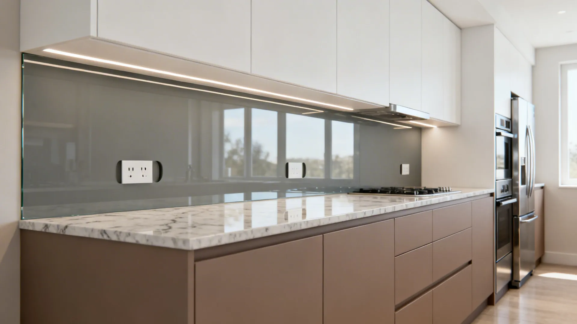 Compact galley kitchen with back-painted toughened glass backsplash and under-cabinet lighting.