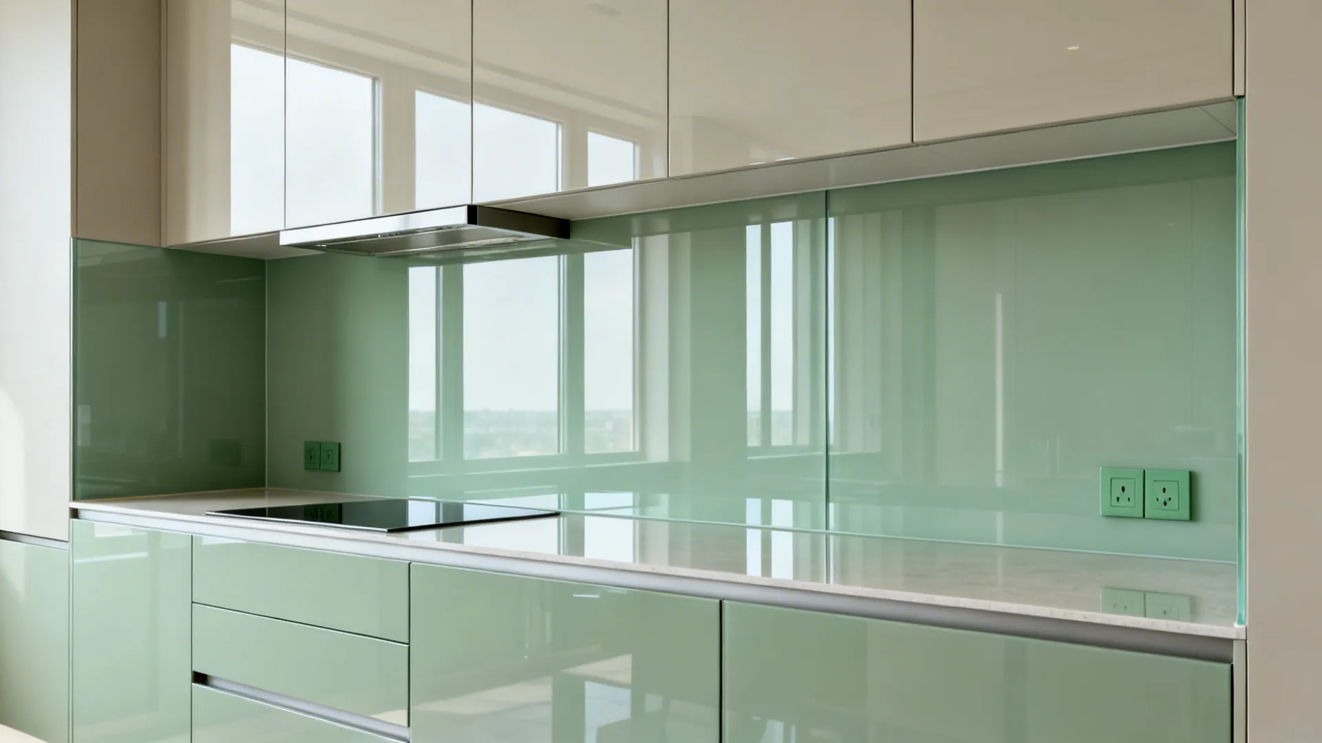 Full-height soft sage back-painted glass backsplash panel with seamless glossy finish