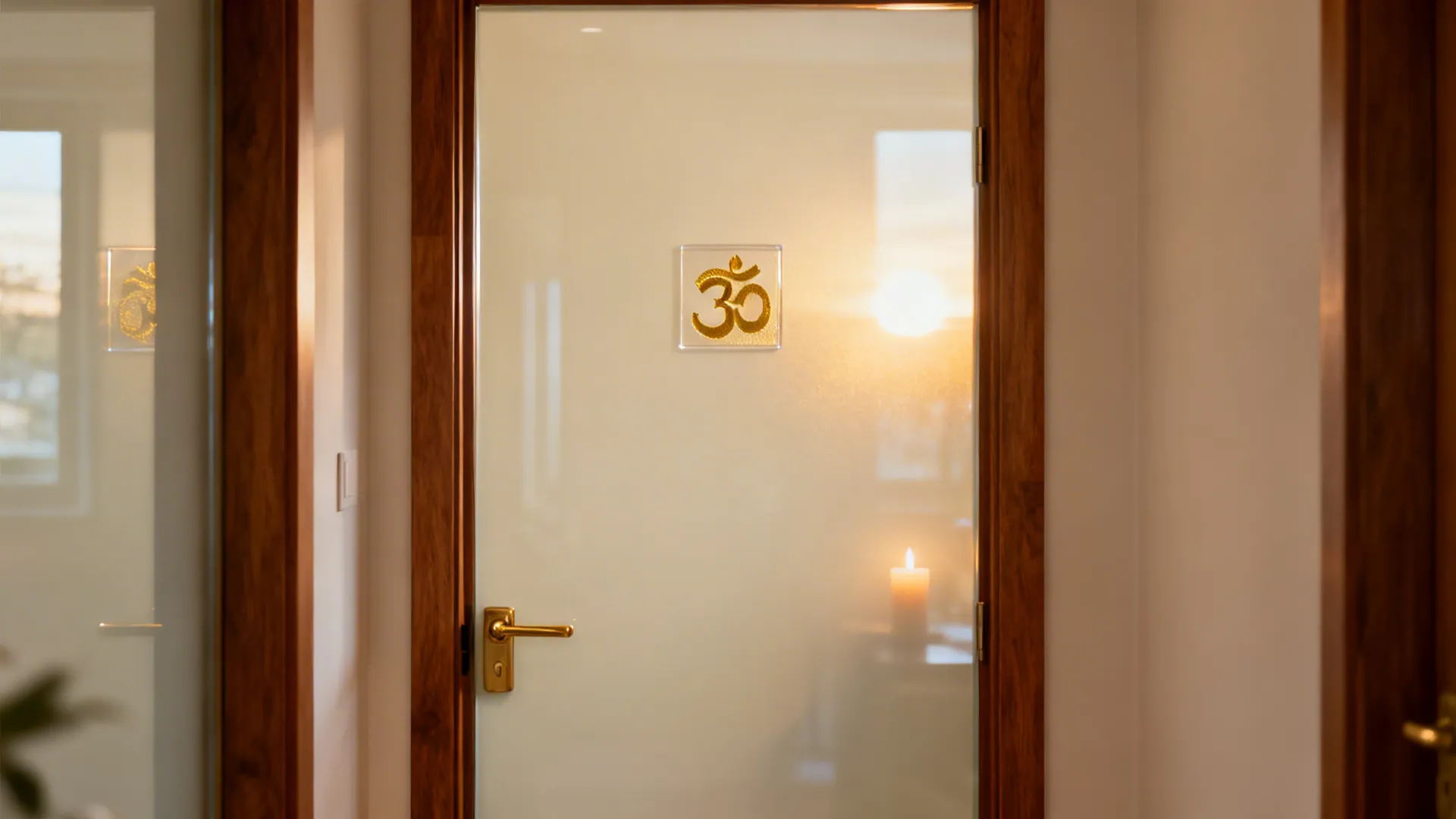 Ivory back-painted glass pooja door with a small gold-leaf Om and teak frame.