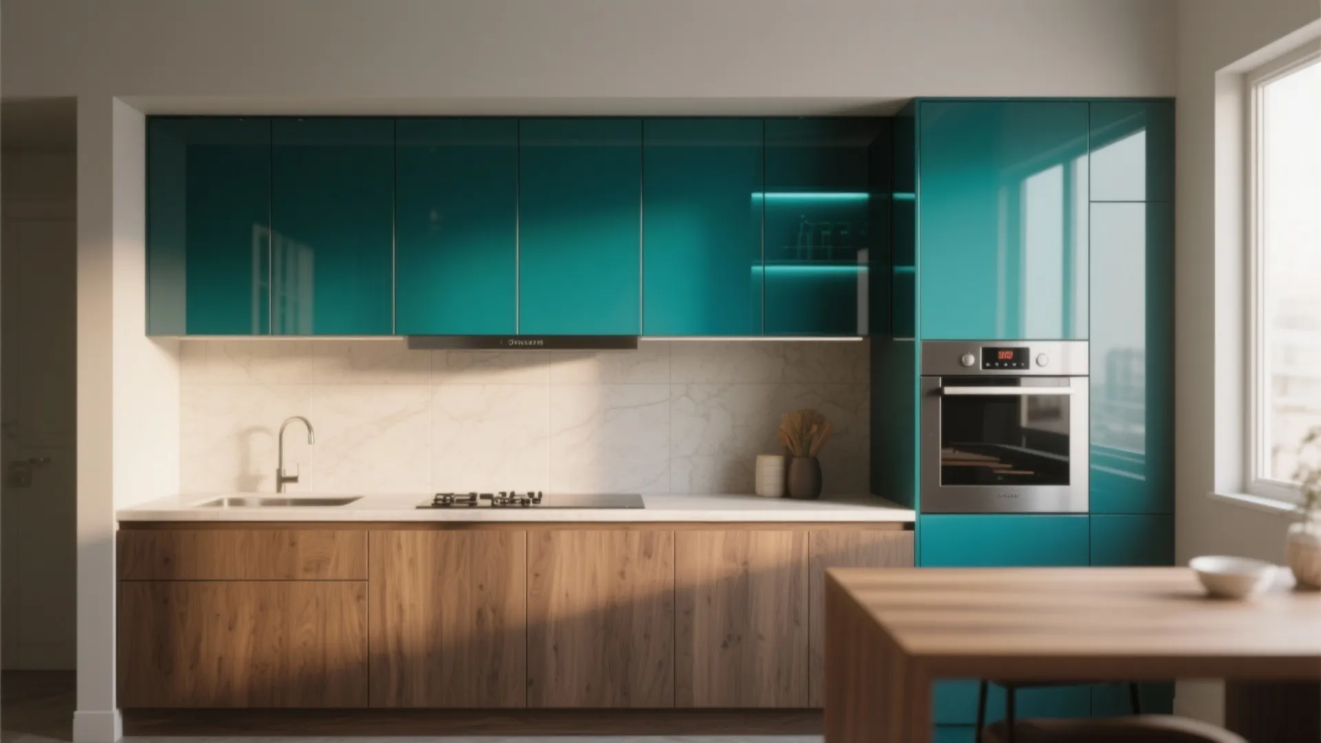 Modern kitchen with teal upper cabinets, wood lower cabinets, marble backsplash, and built-in wall oven