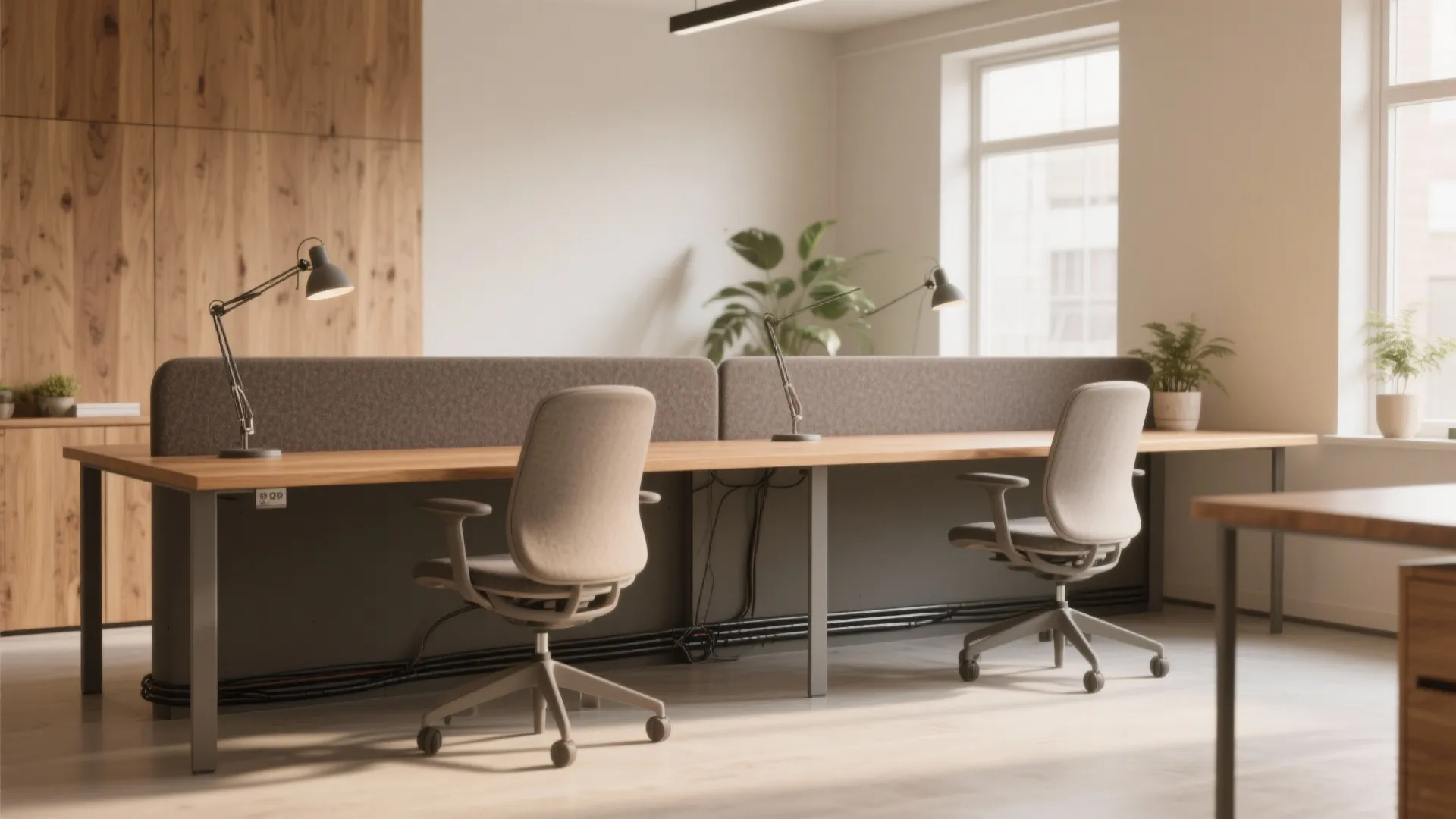 Long wooden office desk with fabric divider two grey chairs desk lamps and wood wall