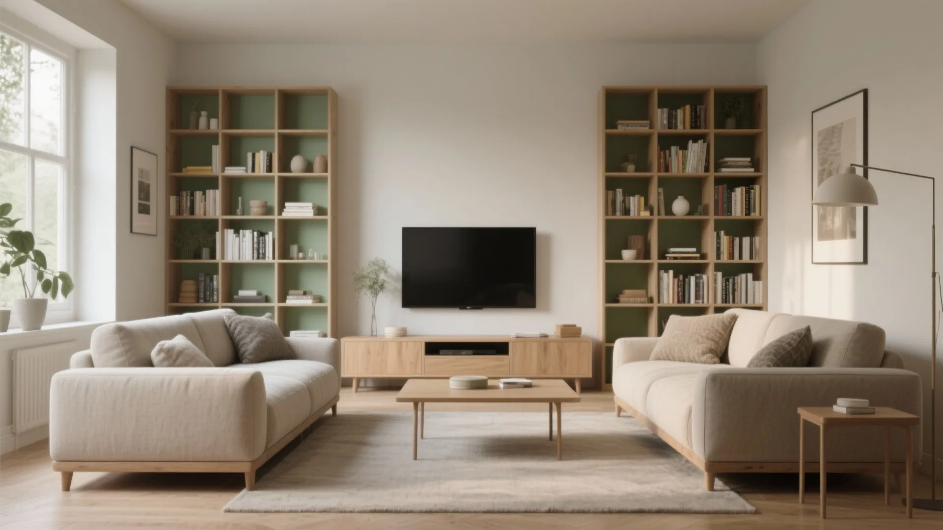 Back-to-back couches to zone a studio