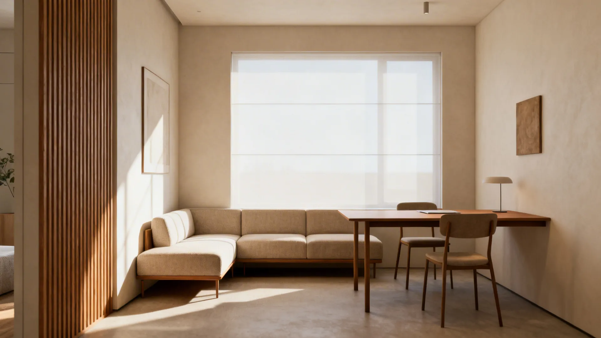 Sectional backed to a slim dining table creating a dining/work nook behind the couch