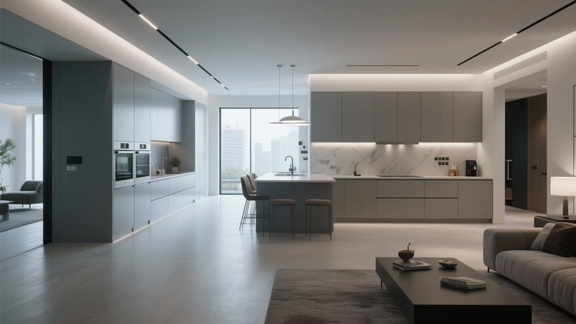 Large grey modern kitchen with island counter and long rows of matching wall storage cabinets