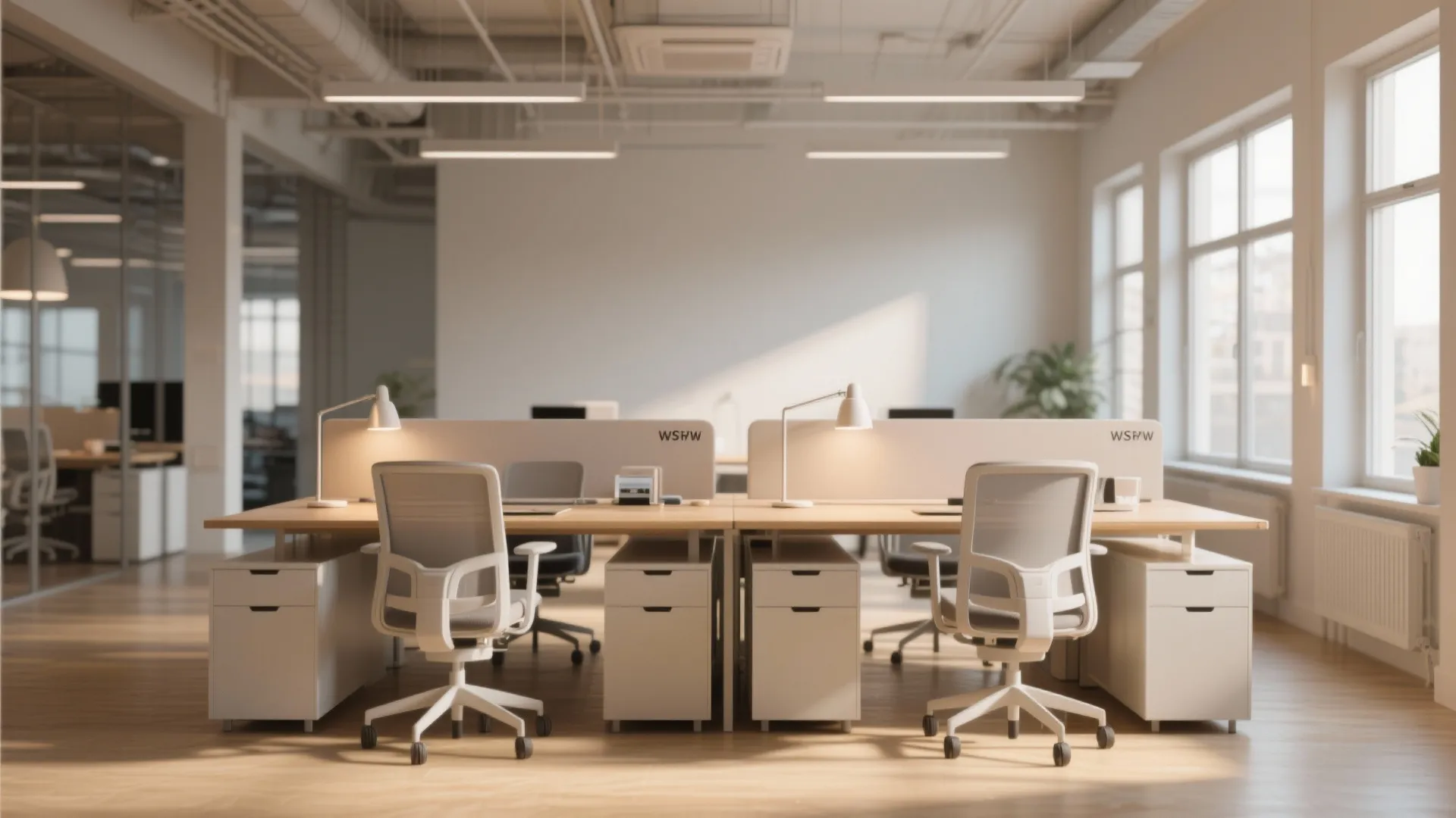 Back-to-back desk arrangement in open plan office
