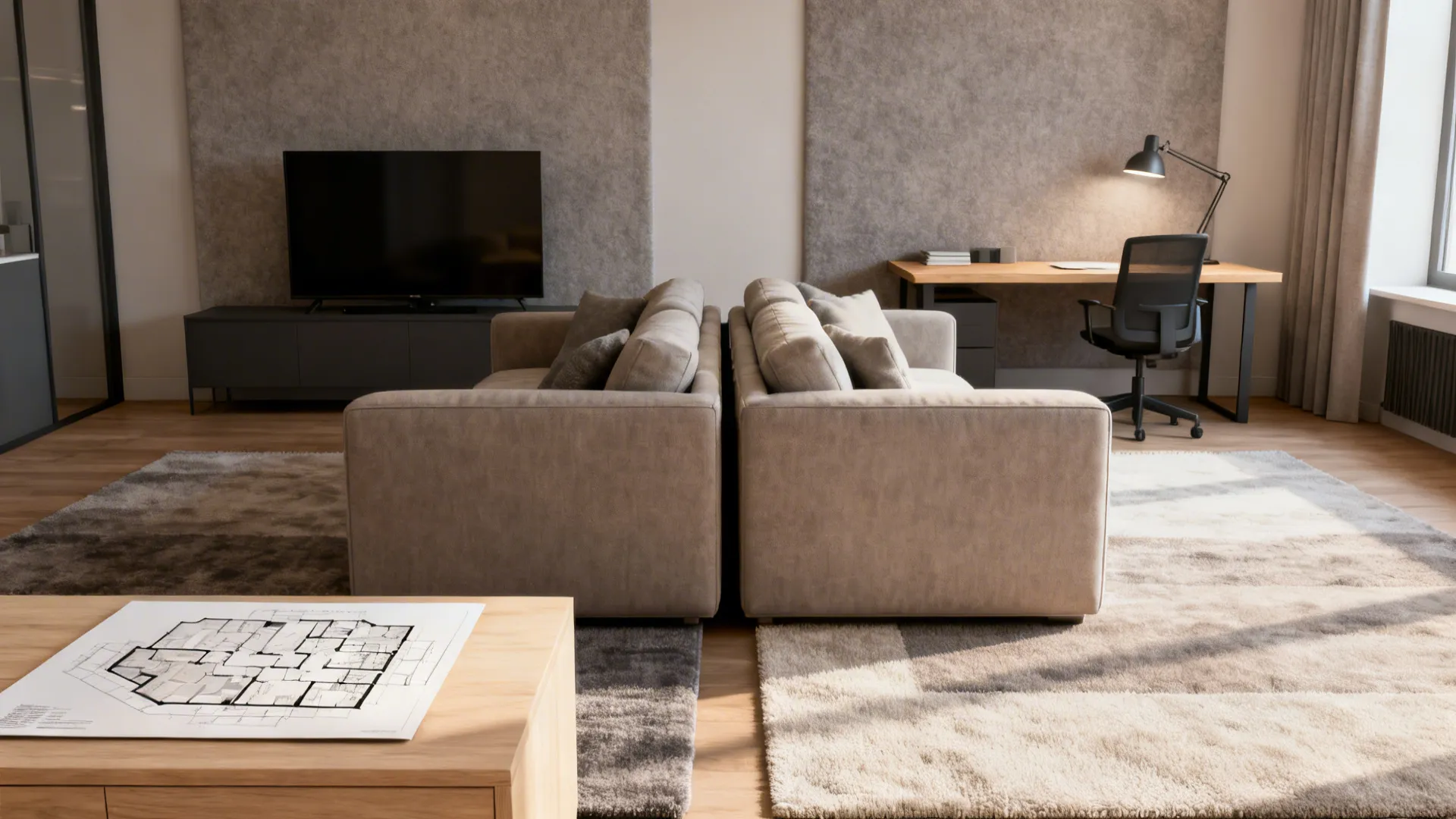 Studio apartment with two sofas placed back-to-back creating a living area and a workspace.