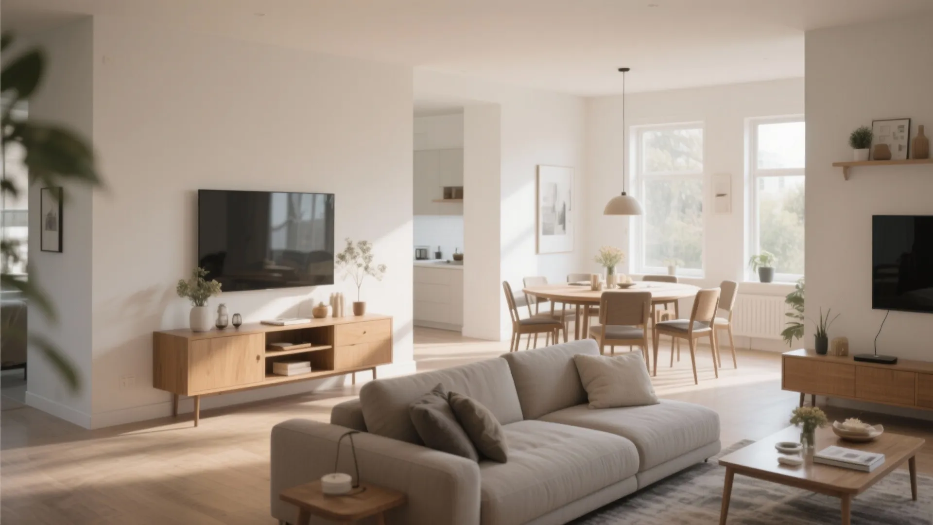 Bright open living room with grey sofa wooden cabinet dining table and large white windows