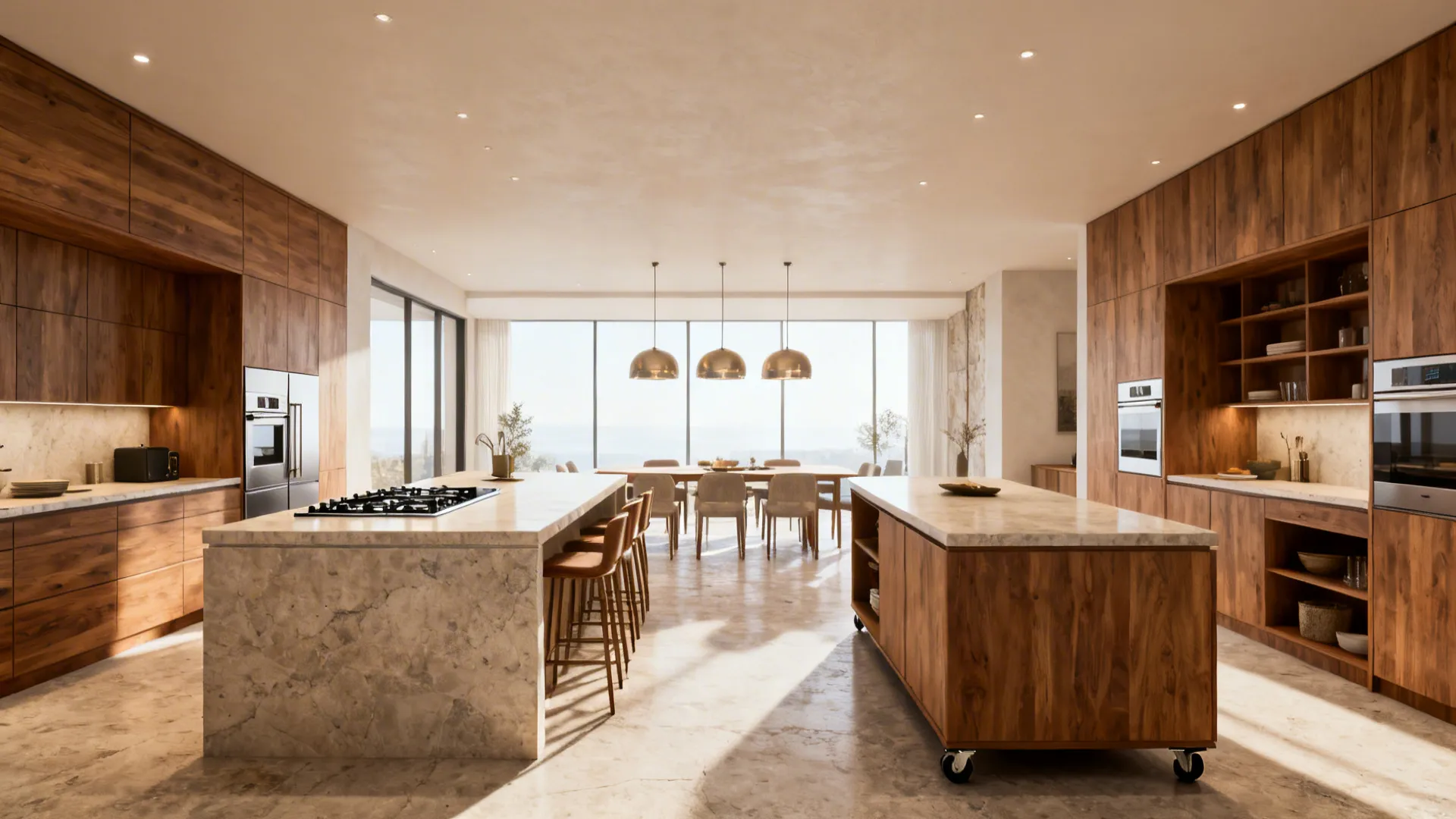 Spacious open-plan room with two parallel islands—one for cooking and one for seating