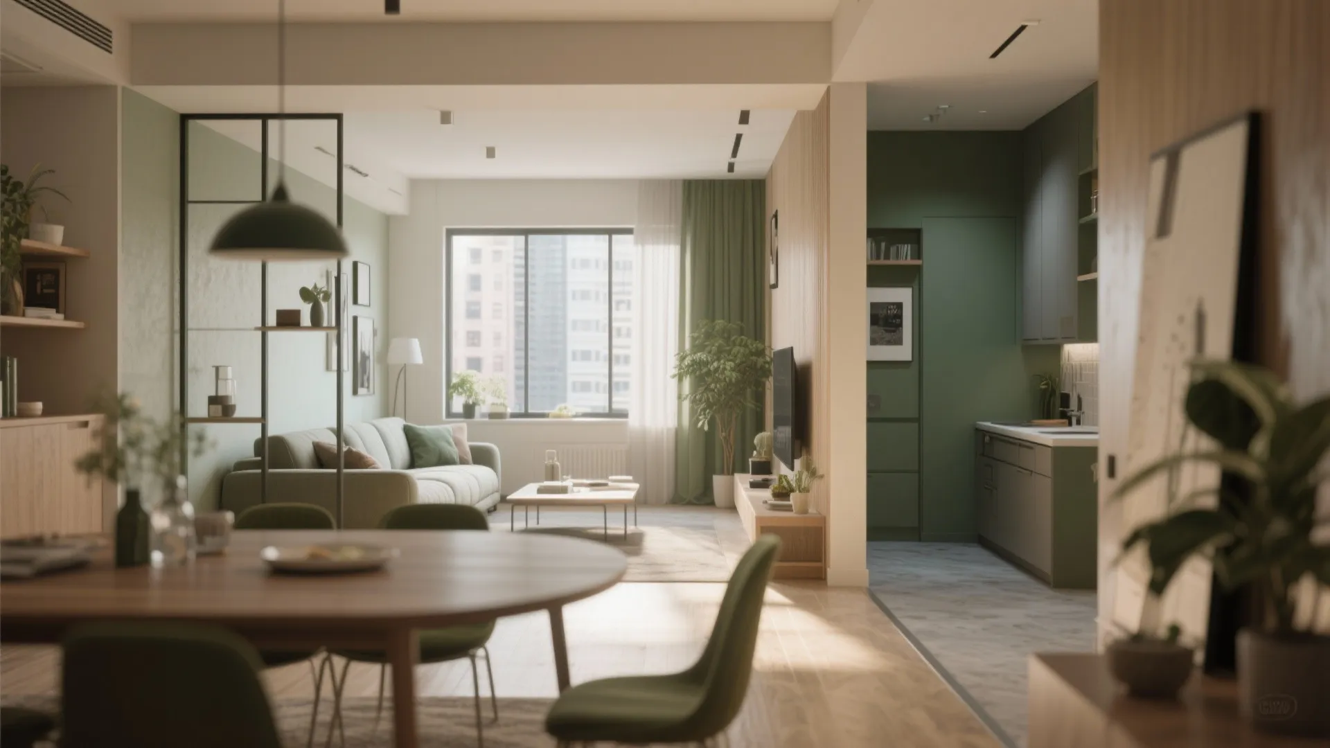 Modern open living room and green kitchen with wooden dining table and comfortable grey sofa