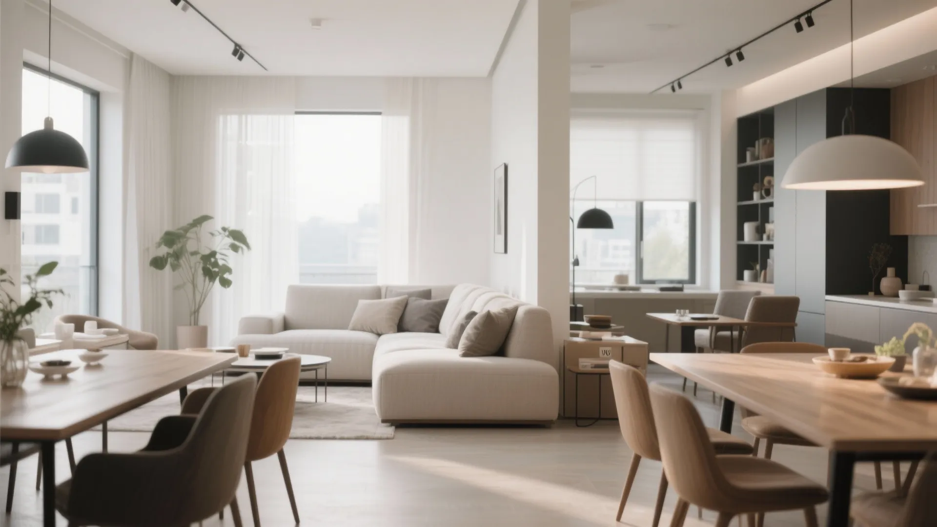 Open plan living space with cream sofa, wooden dining tables, black kitchen cabinets, and plants