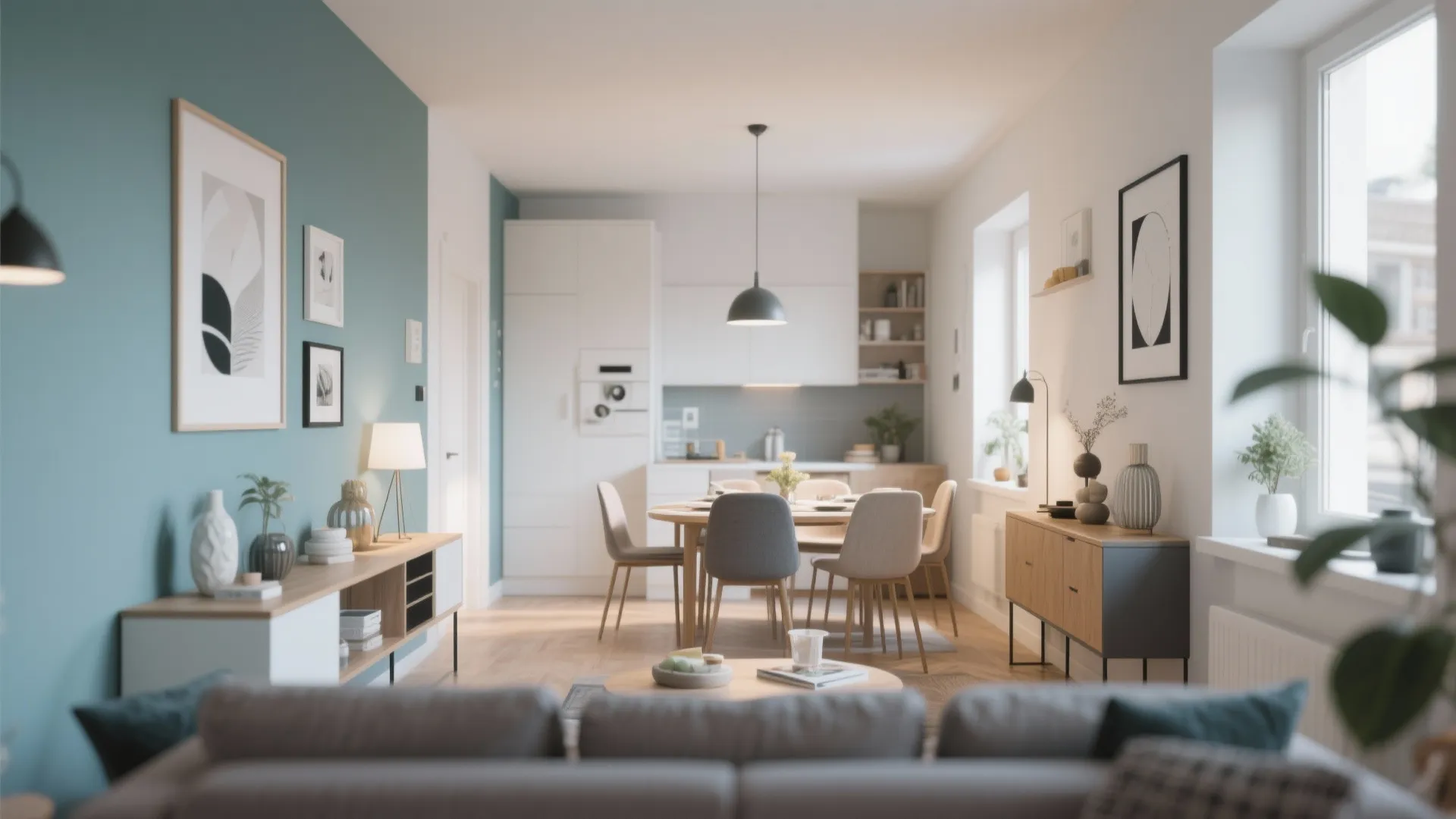 Sofa back facing dining area with console table divider