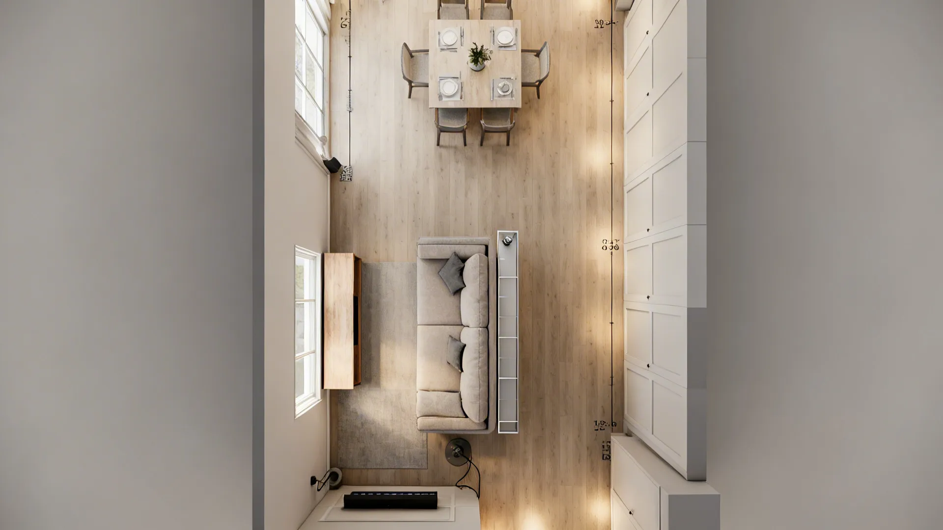 Top view of interior design drawing showing a living area with sofa and dining table
