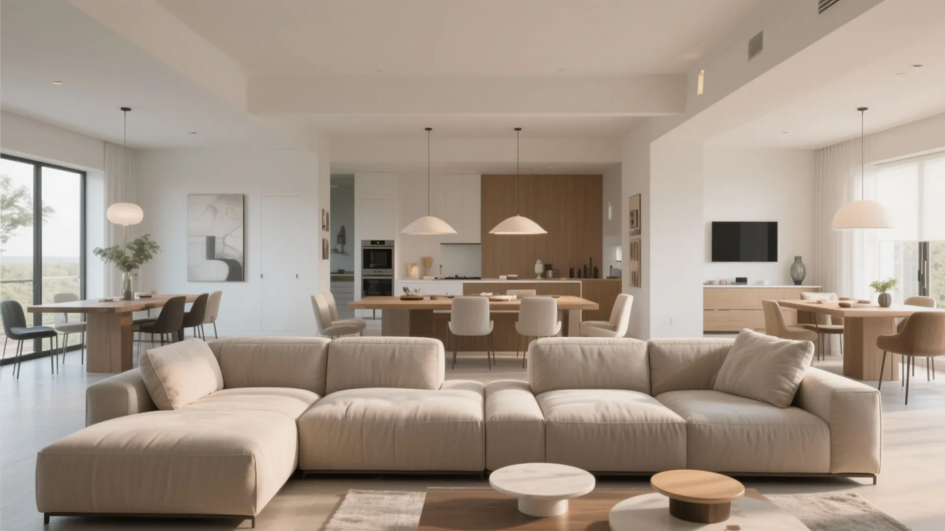 Spacious open plan living area with large beige sofa wooden dining tables and modern ceiling lights