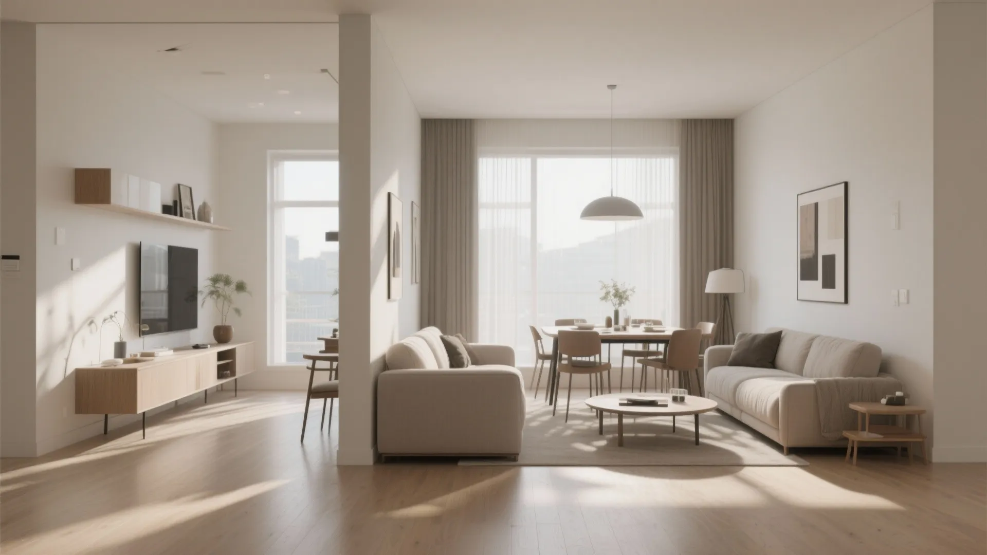 Open plan living room and dining area with two sofas facing away from each other
