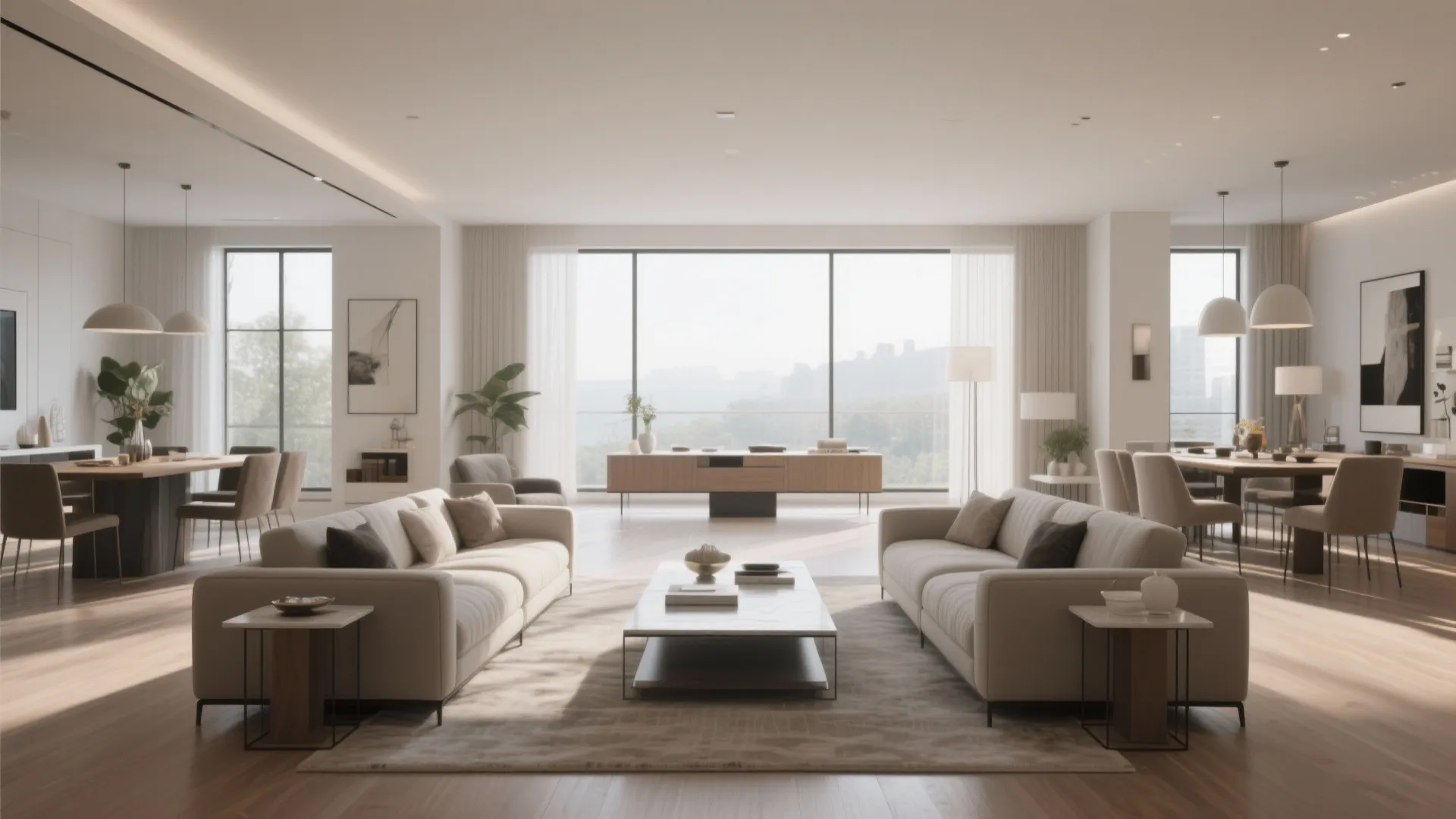 Spacious living and dining areas defined by back-to-back sofas