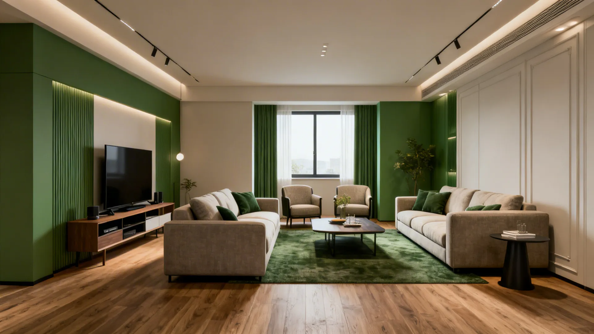 Back-to-back sofas separating a media lounge and conversation area in a rectangular room