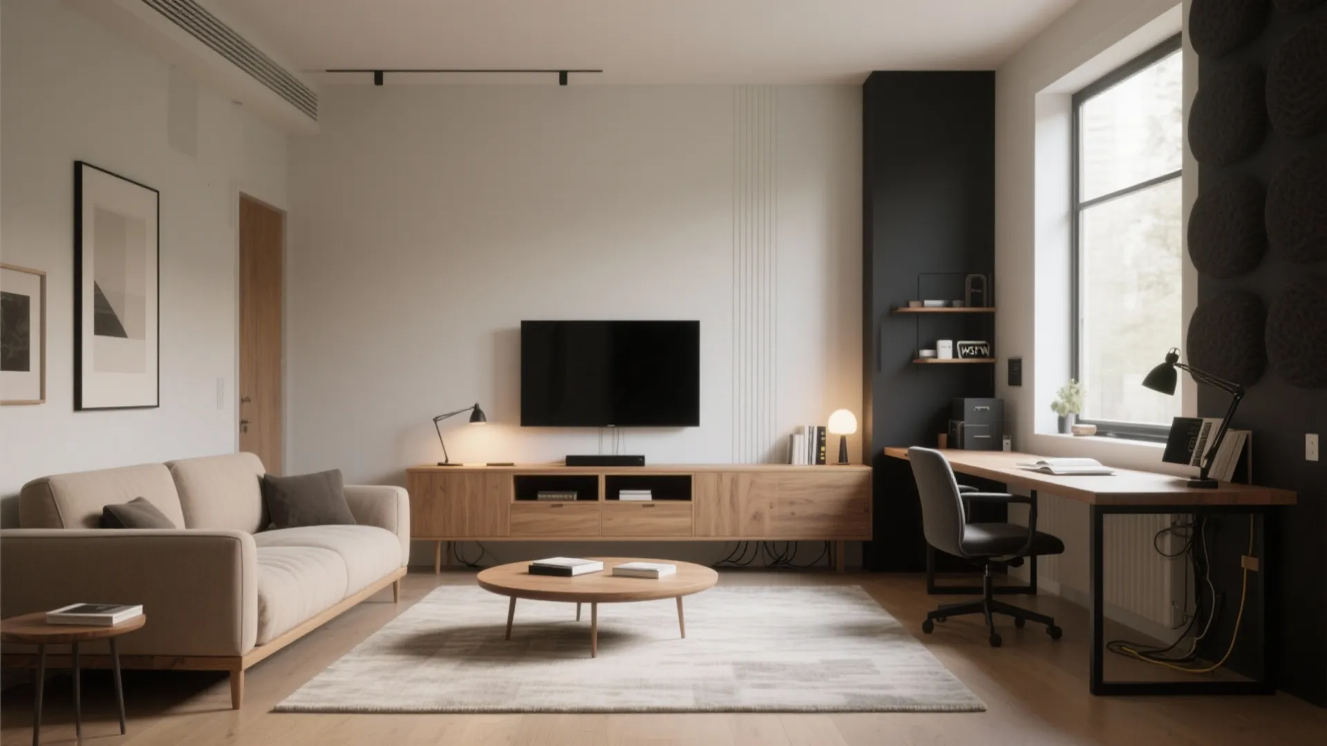 Two loveseats back-to-back create living and desk zones with a slim console between.