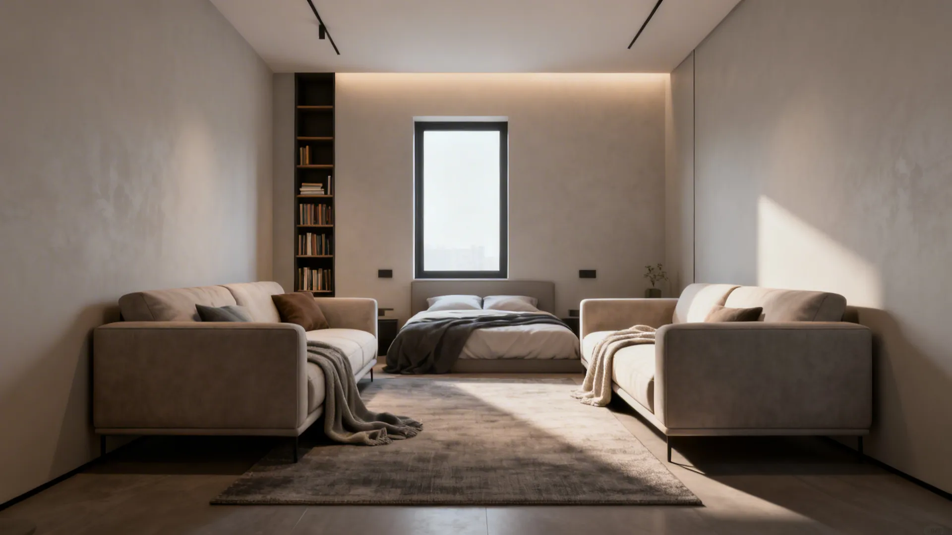 Studio layout with couch and loveseat back-to-back defining living and sleeping zones with a slim bookshelf