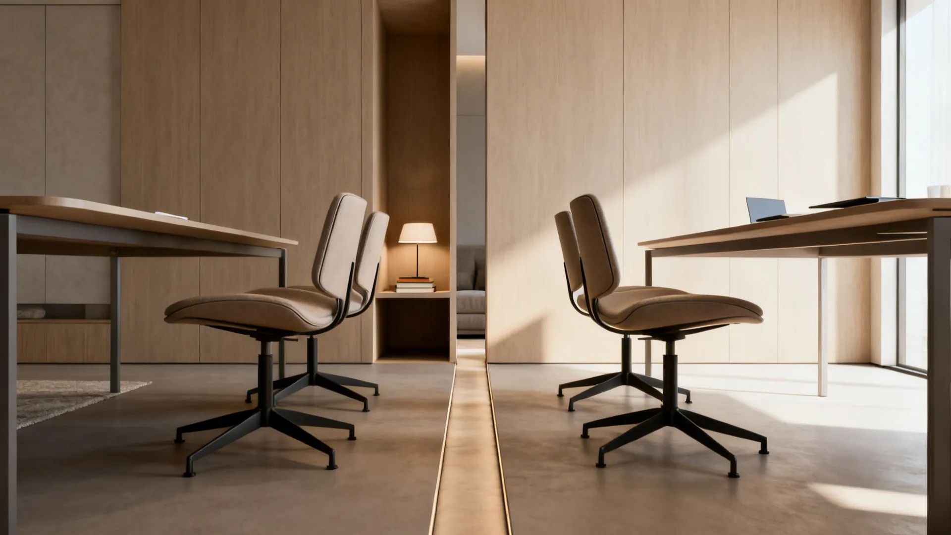 Pair of swivel chairs placed back-to-back creating a living area and adjacent reading nook.