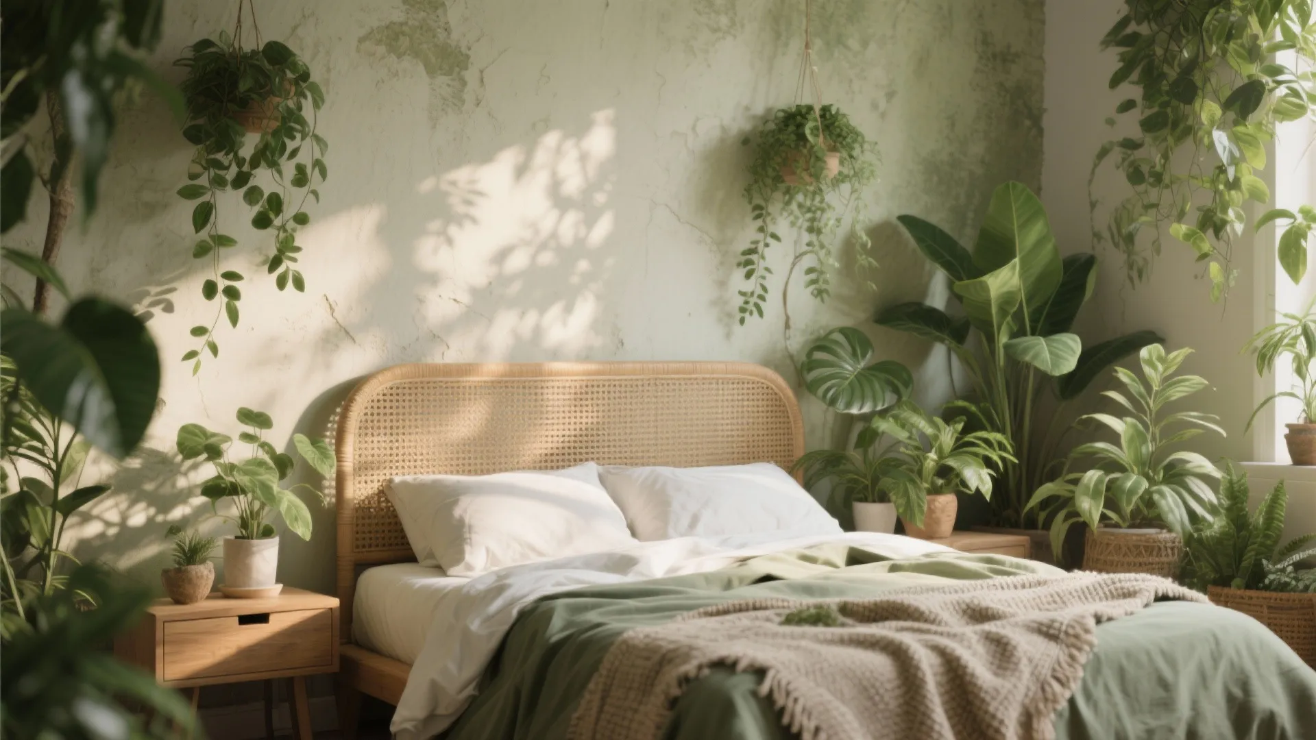 Bohemian bedroom with rattan headboard green bedding white pillows many green plants and natural light