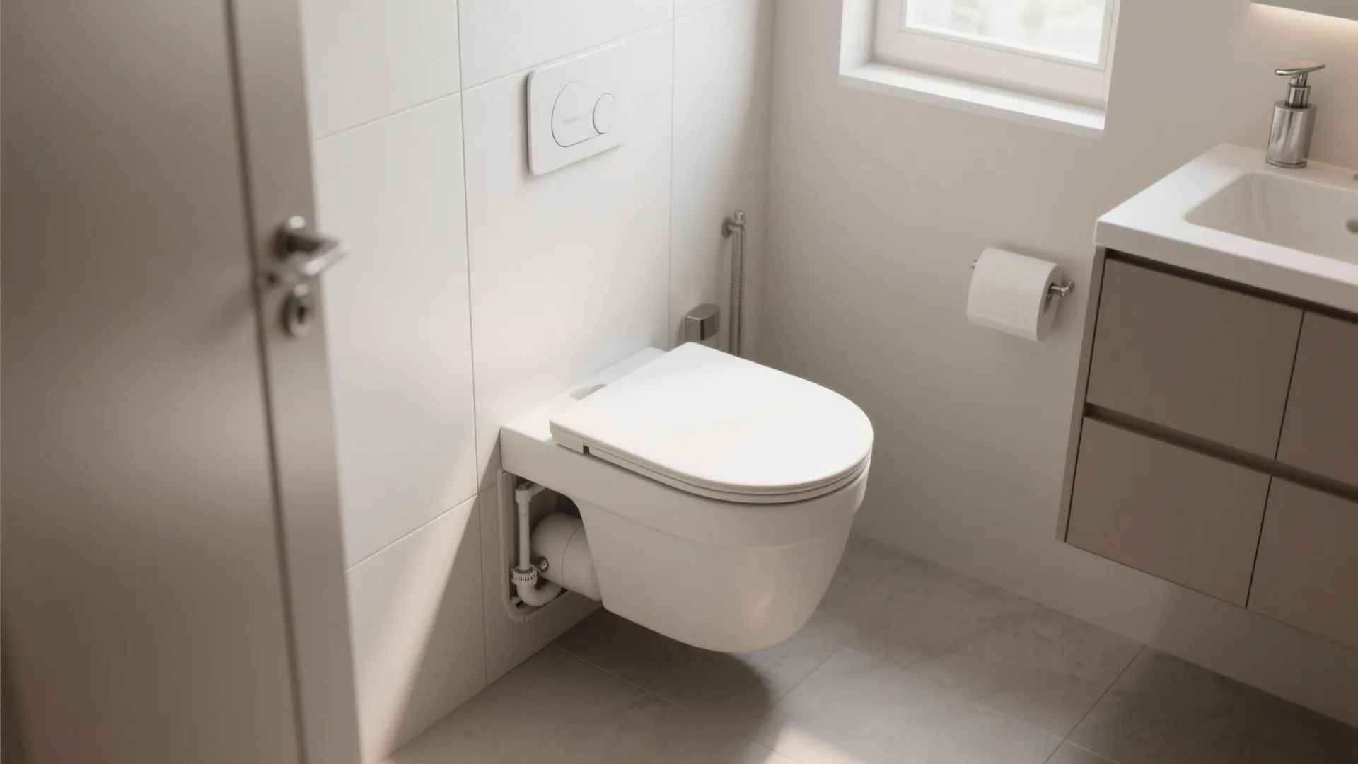 White wall mounted toilet in modern bathroom with white tiles sink cabinet and natural sunlight