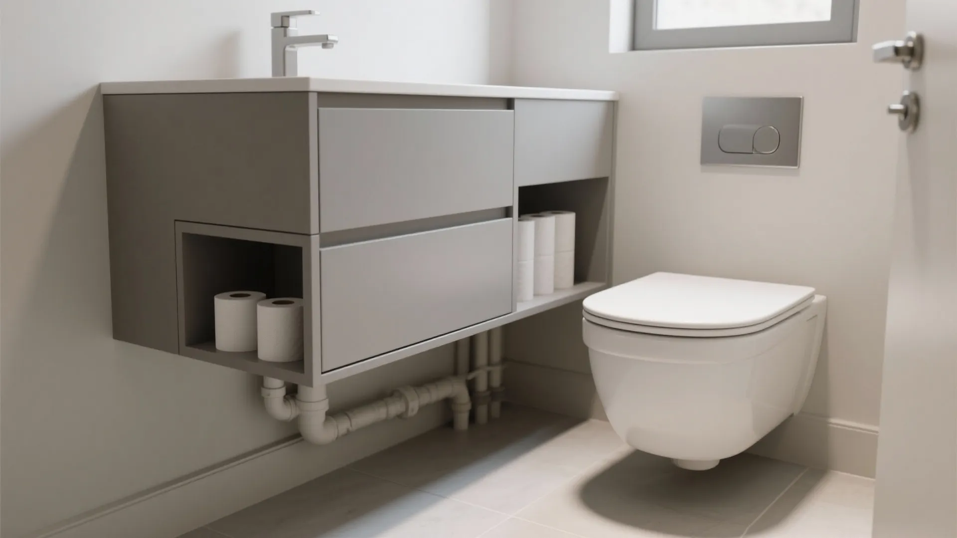 Back-to-wall toilet against a matte vanity with concealed plumbing and storage