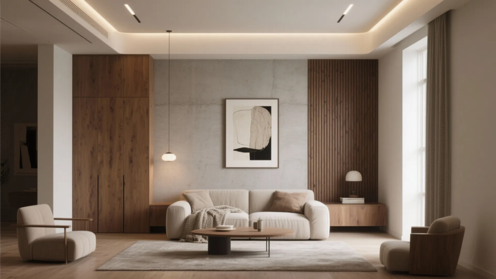 Minimalist living room with white sofa wooden wall panel grey concrete wall and hanging light