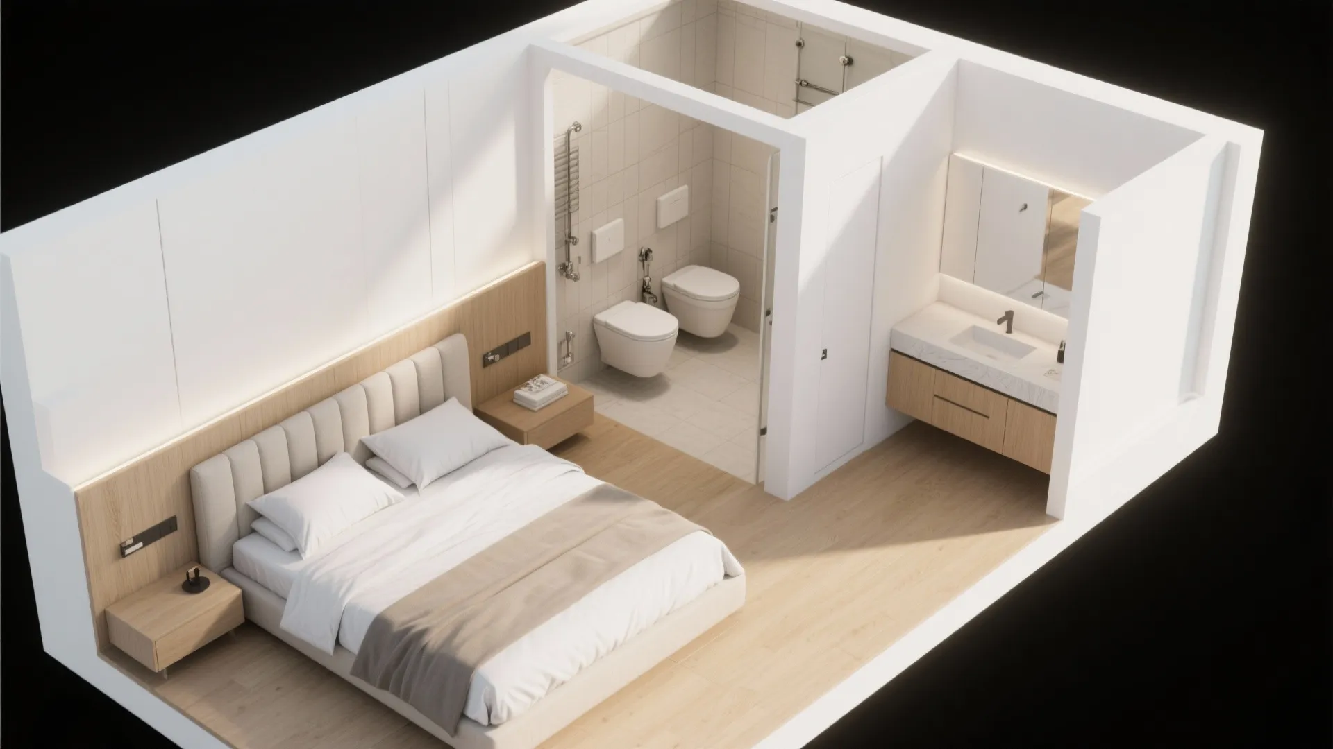 Interior design drawing showing a 3D view of a bedroom with an open bathroom layout